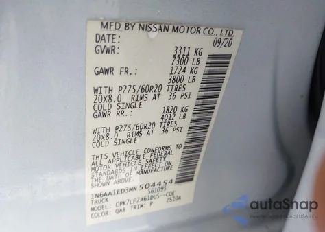 2021 Nissan Titan Platinum Reserve 4X4 from USA, damaged, VIN 1N6AA1ED3MN504454